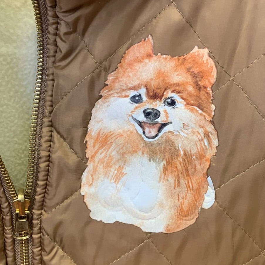 Hand Printed Upcycled Womens Large Pomeranian Dog Quilted Fleece Vest Jacket