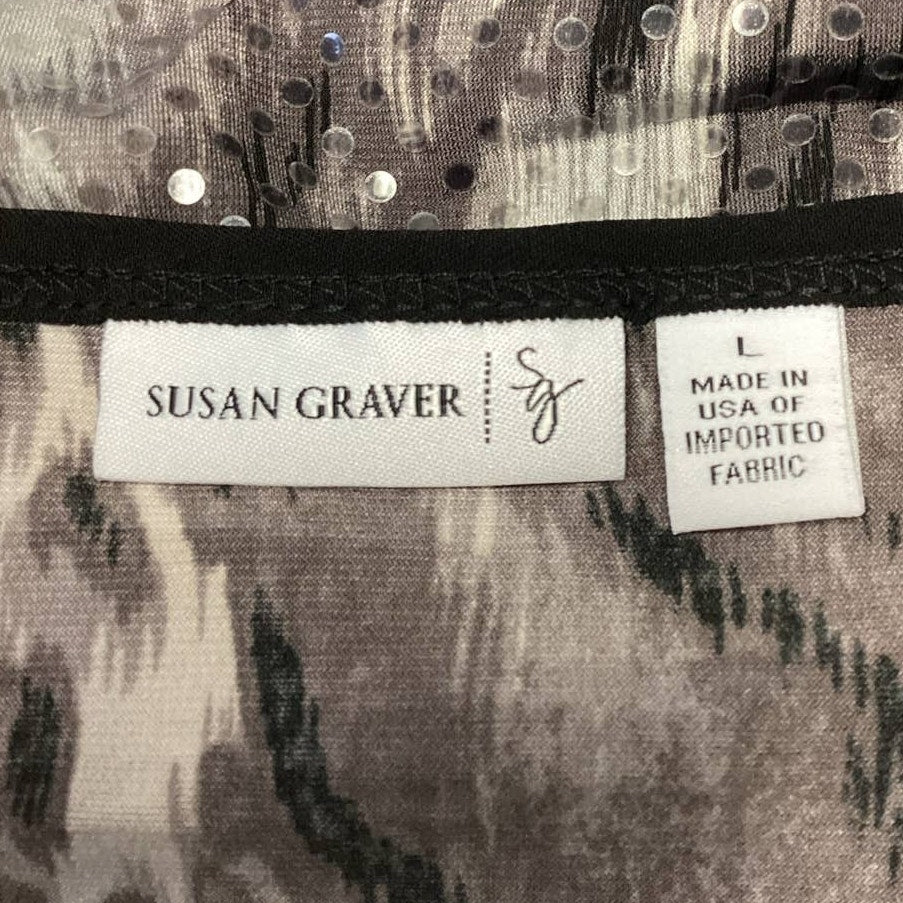 Susan Graver Large Animal Zebra Stripe Leopard Spot V-Neck Sequin Sparkle Top