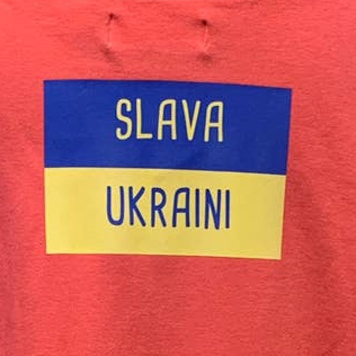 Upcycled Hand Printed 2X Ukraine Flag Stork Bird Peace Slava Ukraini Artist Tee