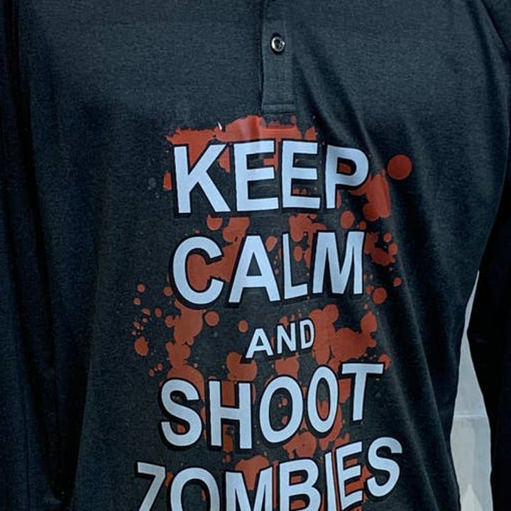 Hand Printed Upcycled Large Halloween Keep Calm Shoot Zombies Long Sleeve Tee