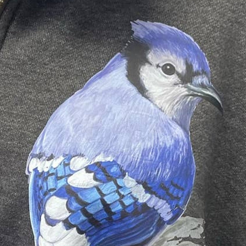 Hand Printed Upcycled Mens 2XL Blue Jay Bird Soft 1/4 Zip Pullover Sweatshirt