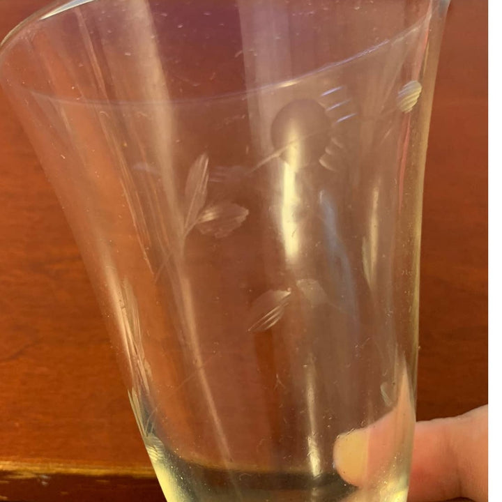 2 Vintage Delicate Glass Flower w Leaves Stemmed Drinking Water Glasses w Chip