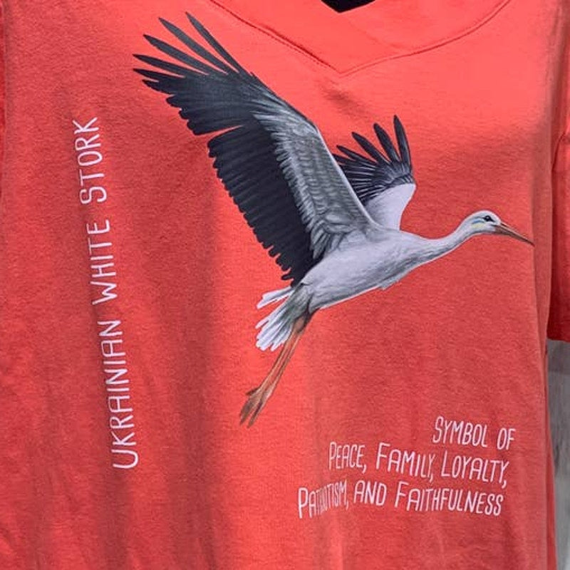 Upcycled Hand Printed 2X Ukraine Flag Stork Bird Peace Slava Ukraini Artist Tee