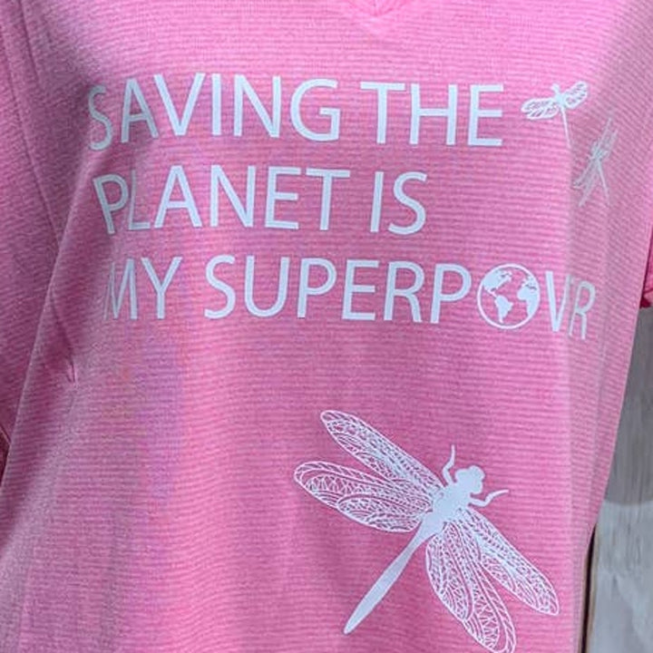 Hand Printed Upcycled 2X Saving the Planet Dragonfly Superpower Short Sleeve Tee