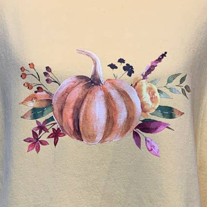Hand Printed XL Upcycled Pumpkin Autumn Fall Flower Long Sleeve Sweatshirt