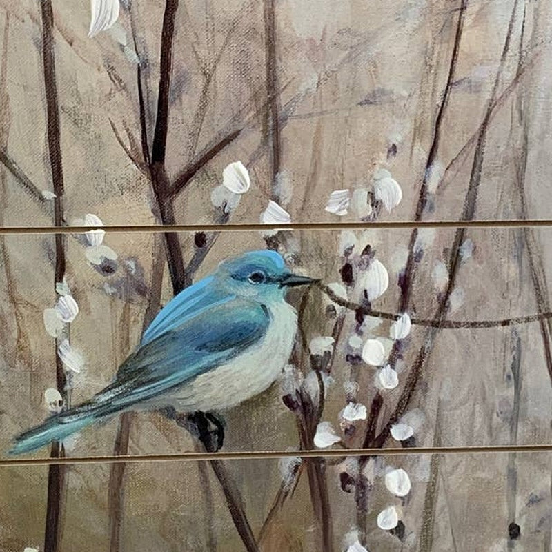 Double Bluebird Tree Branch Heart Pussywillow Wood Tray Hanging Wall Art