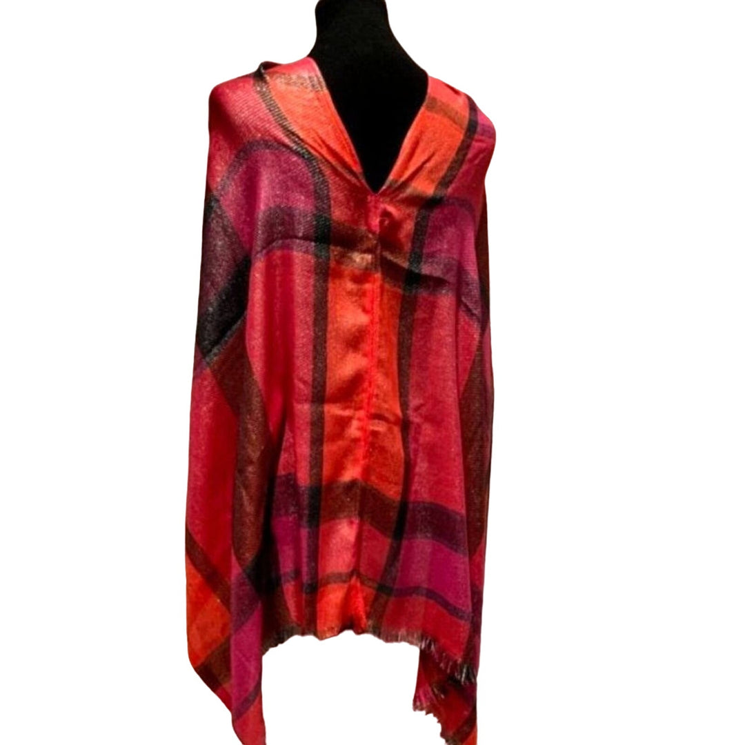 Loft Handmade Upcycled Orange Pink Polyester Shimmery Plaid Long Poncho Wrap
