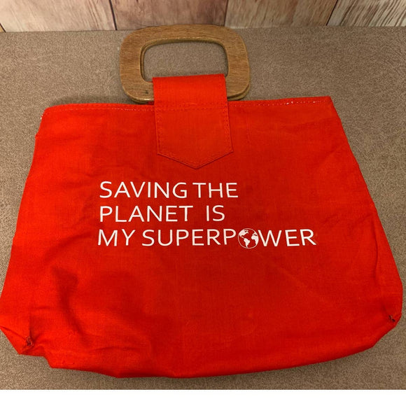 Hand Printed Upcycled Saving the Planet is My Superpower Red Purse Hand Bag
