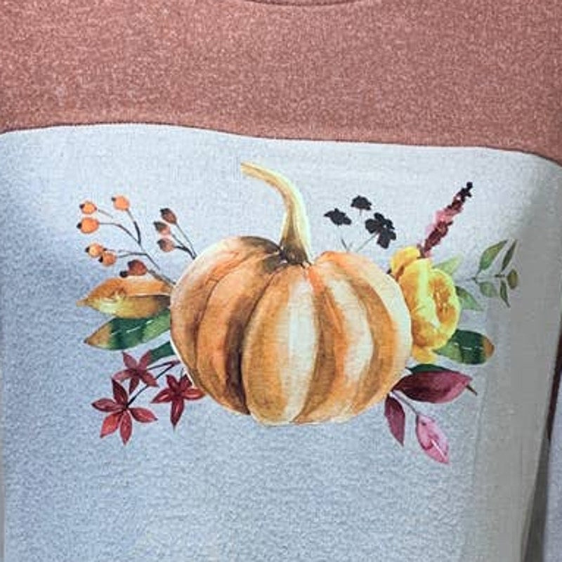Hand Printed Small Upcycled Pumpkin Autumn Fall Flower Long Sleeve Sweater