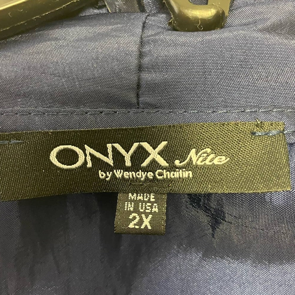 New Onyx Nite Wendye Chaitin 2X Navy Blue Floral Embellished Formal Buttoned Top