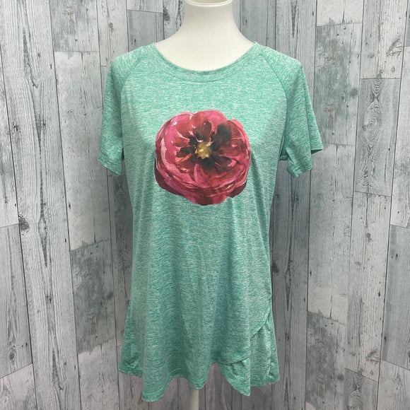 Hand Printed Upcycled XL Watercolor Peony Flower Polyester Blend Crew Neck Tee