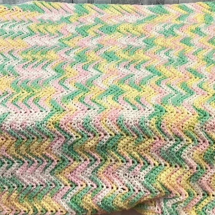Handmade Green Pink Yellow Acrylic Yarn Crocheted Baby Blanket Afghan Throw
