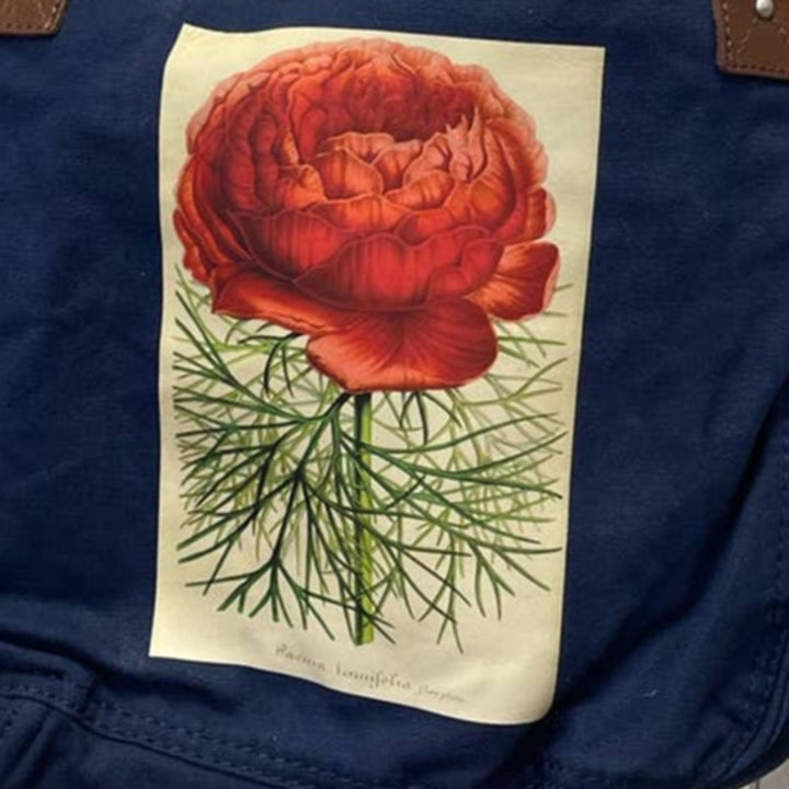 Faded Glory Navy Canvas Tote with Hand-Printed Red Peony, Upcycled