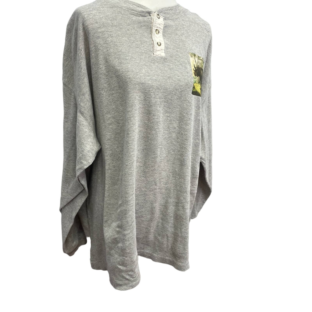 Upcycled Hand Printed Mens XL Rhino Jungle Long Sleeve Buttoned Henley Shirt
