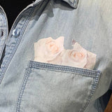 Hand Printed Upcycled Small Rose Flower Lacy Long Sleeve Denim Button Down Shirt