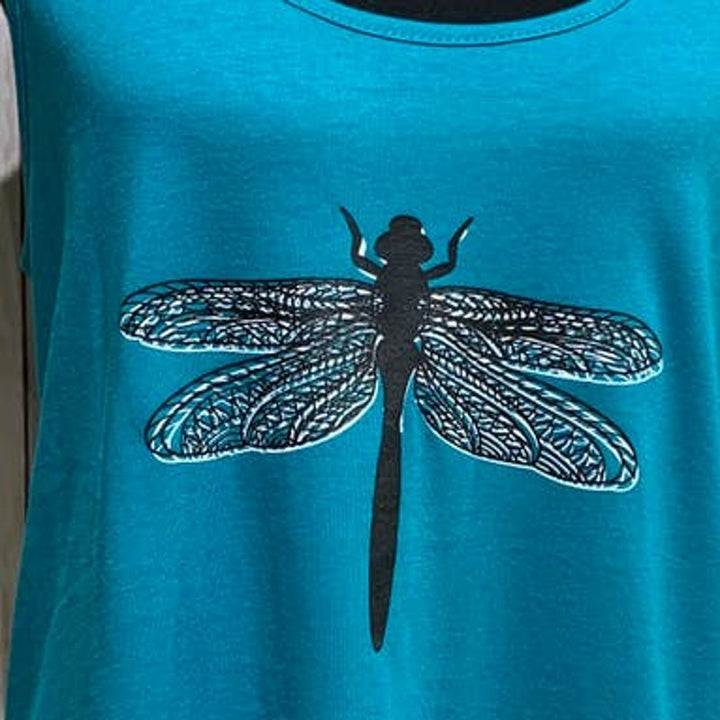 New Hand Printed Womens Large Long Dragonfly Tank Top PolyCotton Sleeveless Tee