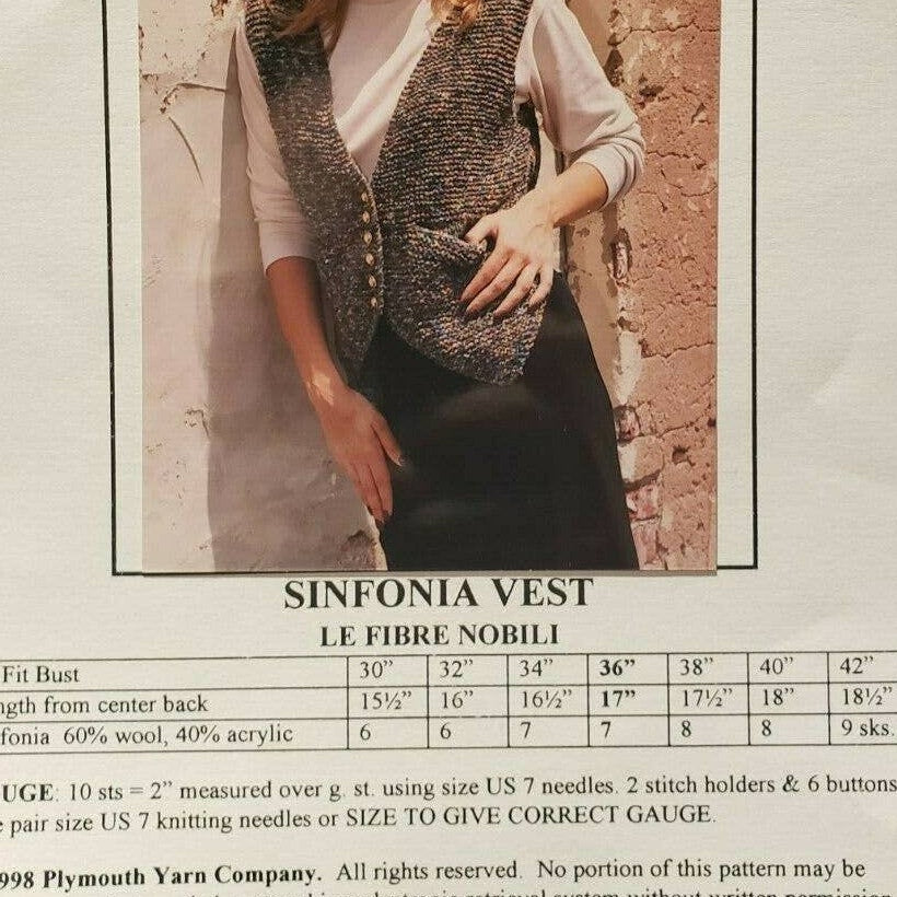 NWT Plymouth Yarn Company FN05 Sinfonia Vest Le Fibre Nobili Knitting Pattern