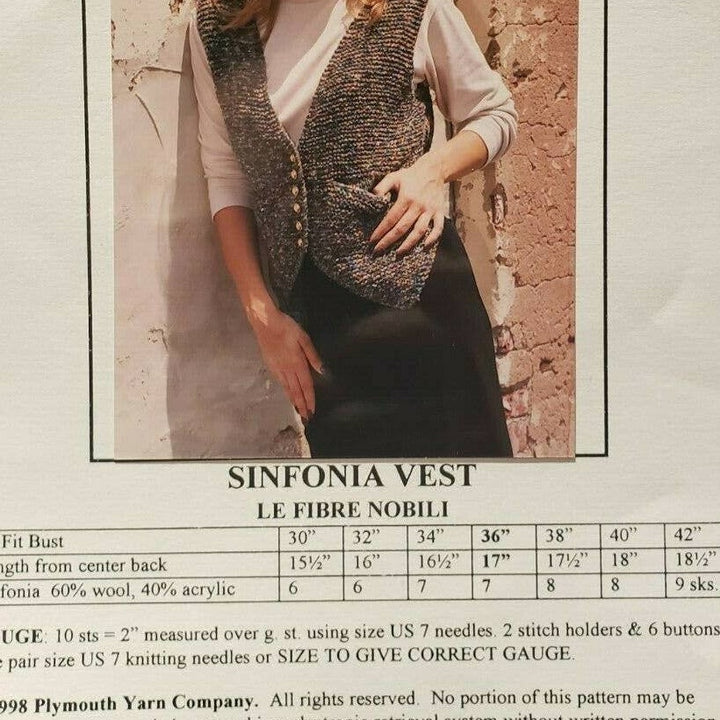 NWT Plymouth Yarn Company FN05 Sinfonia Vest Le Fibre Nobili Knitting Pattern