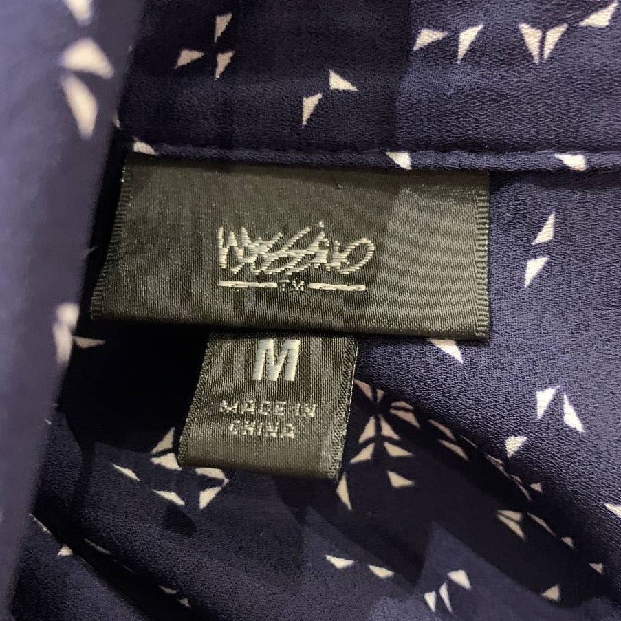 Mossimo Medium Navy Blue White Long Sleeve Flowy Polyester Button Down Blouse