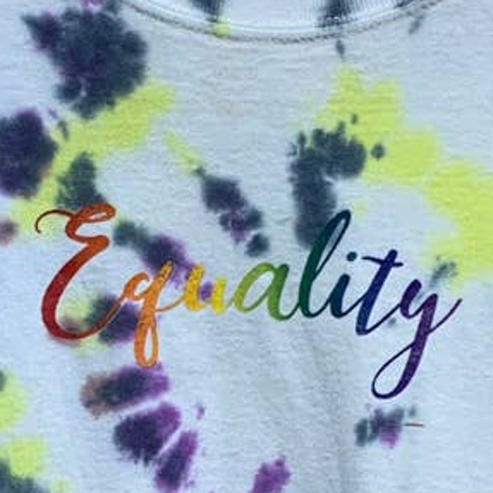 Hand Printed Upcycled Youth Large Equality Rainbow Pride Tie Dyed Cotton Tee