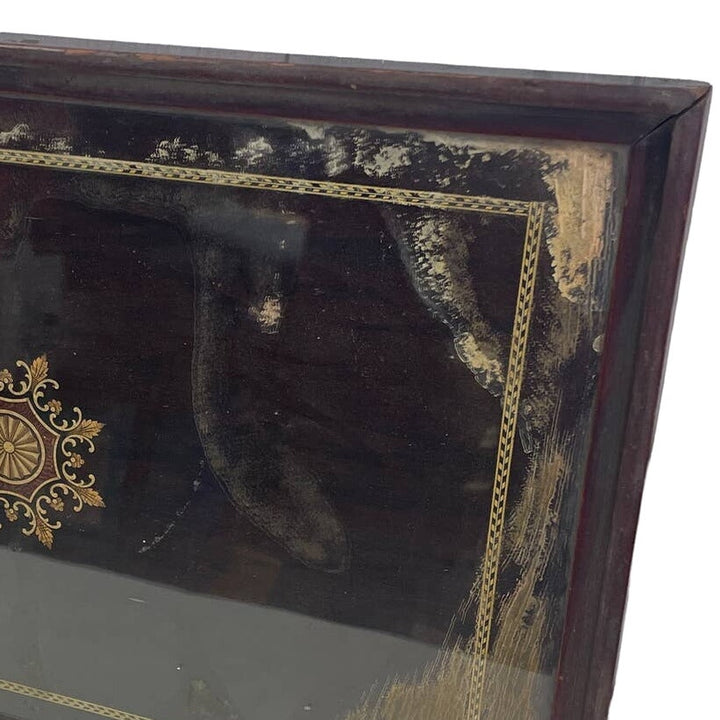 Vintage Glass Top Floral Aged Patina Wooden Tray Velvet Back Missing Handle