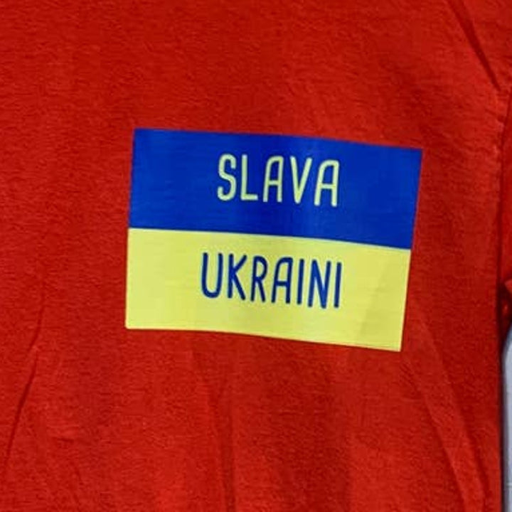 Upcycled Hand Printed Men Small Ukraine Flag Slava Ukraini Artist Fundraiser Tee