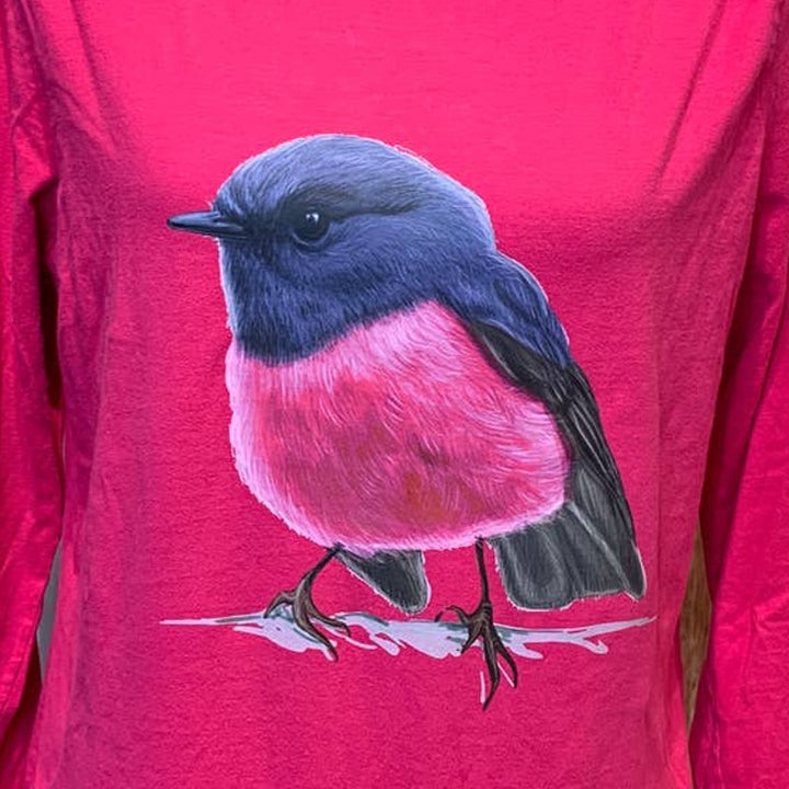Upcycled Hand Printed Womens XL Pink Robin Ukraine Fundraiser Long Sleeve Tee