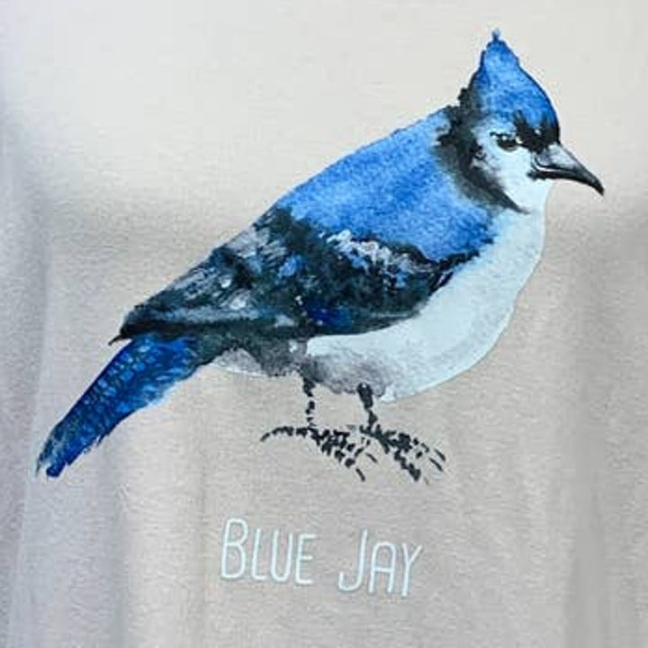 Hand Printed Upcycled Womens XL Blue Jay Bird Short Sleeve Crew Neck Tee