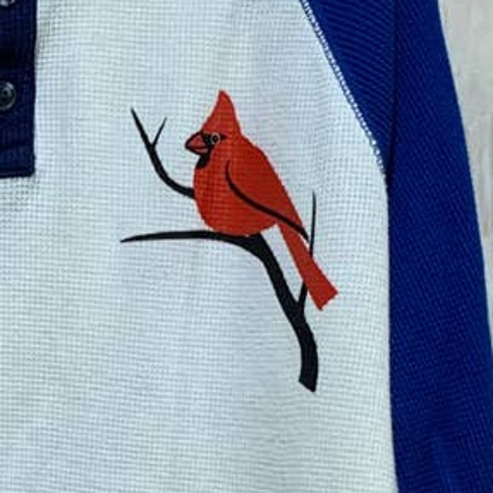 Hand Printed Upcycled Child Medium Red Cardinal Bird Long Sleeve Henley Top