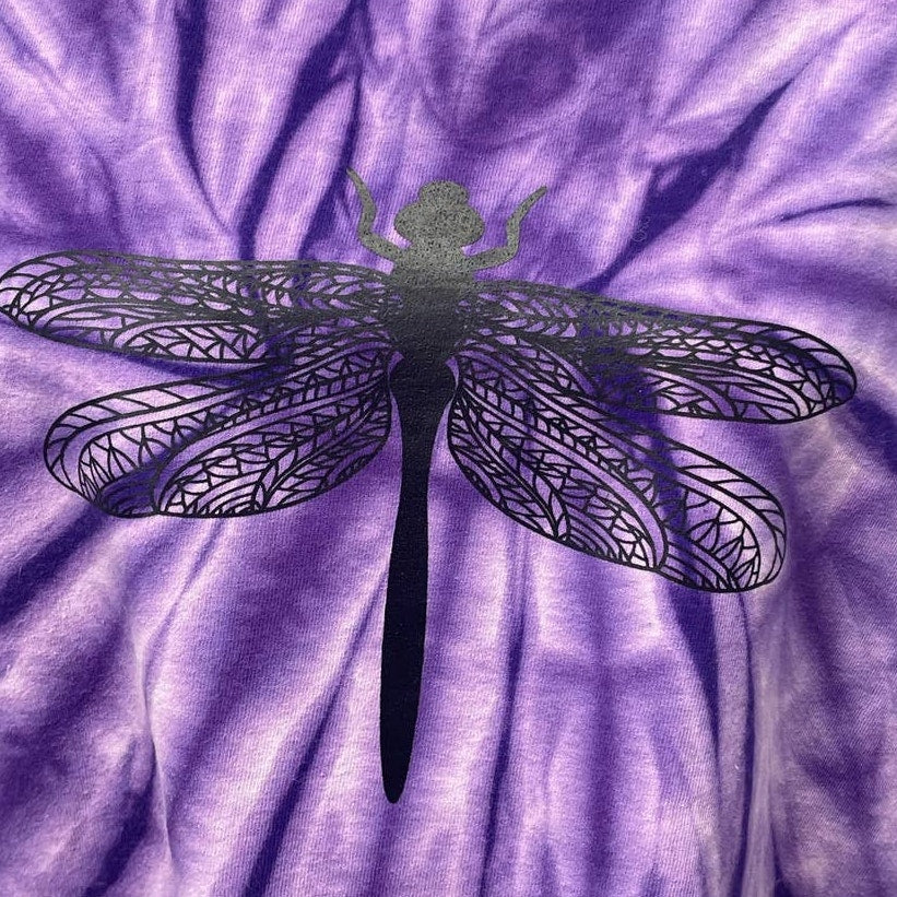 Hand Printed Upcycled Womens Large Dragonfly Short Sleeve Tie Dyed Tee T-Shirt