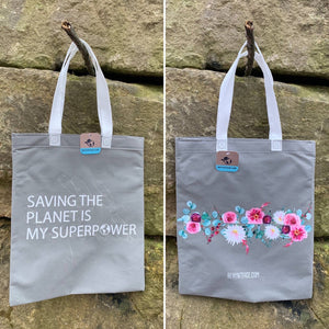 Upcycled Hand Printed Flower Peony Aster Floral Saving the Planet Tote Bag