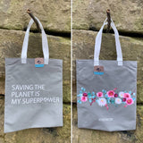 Upcycled Hand Printed Flower Peony Aster Floral Saving the Planet Tote Bag