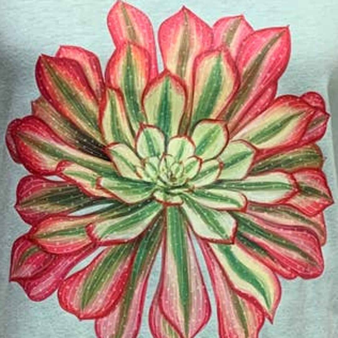 New Hand Printed 2XL Pink Green Succulent Cactus Cotton Blend Short Sleeve Tee