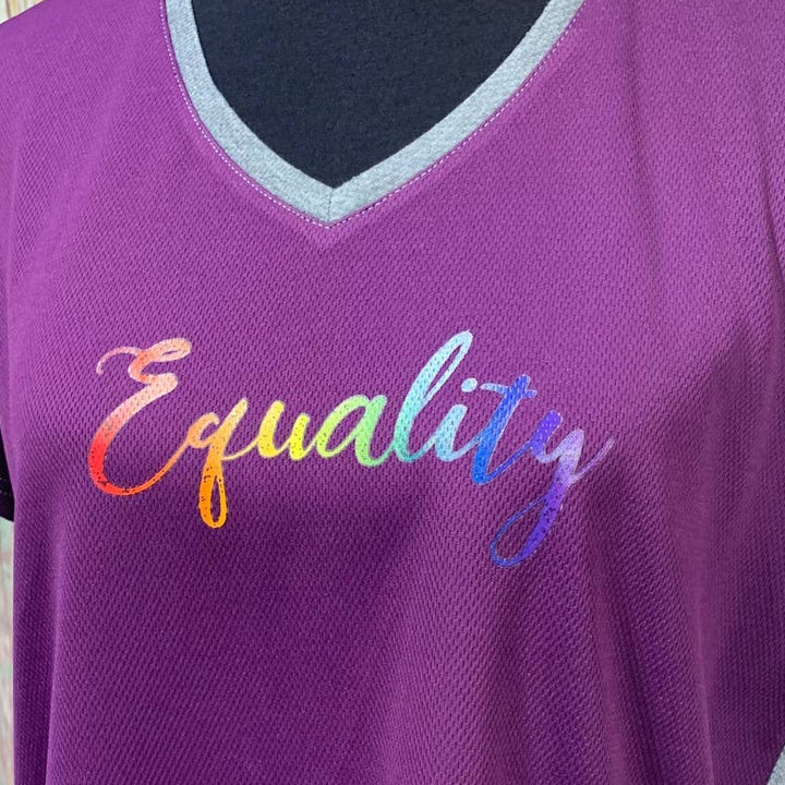 Hand Printed Upcycled Womens Petite XL Equality Rainbow Pride V-Neck Tee
