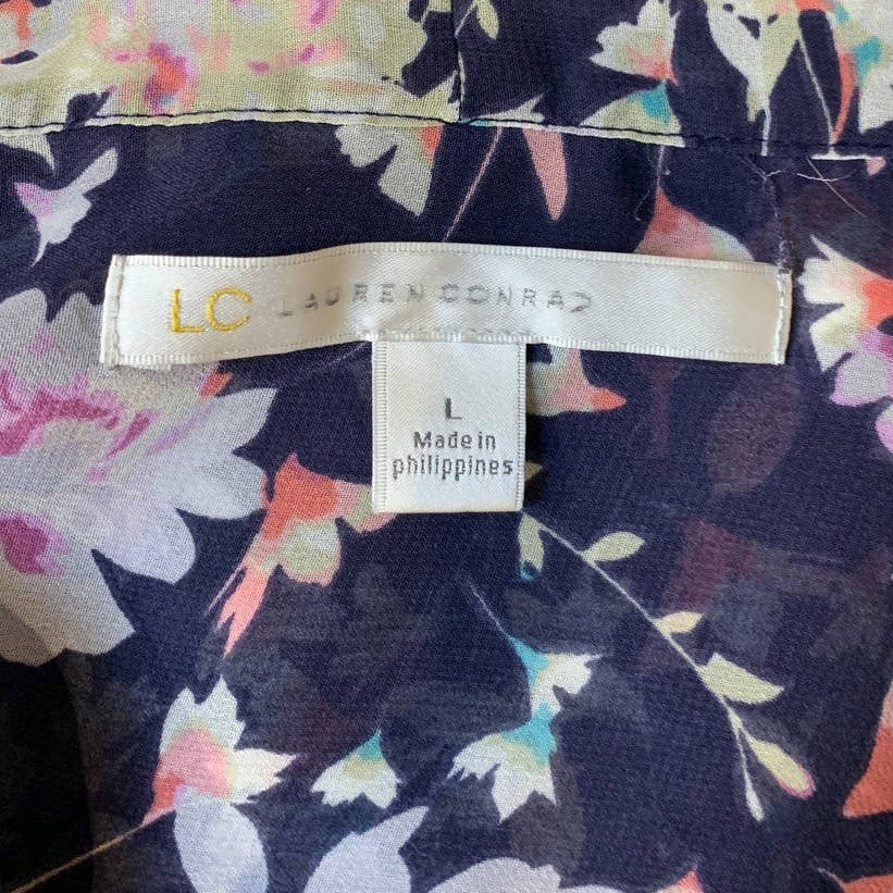 LC Lauren Conrad Womens Large Polyester Long Flowy Blue Floral Open Cardigan