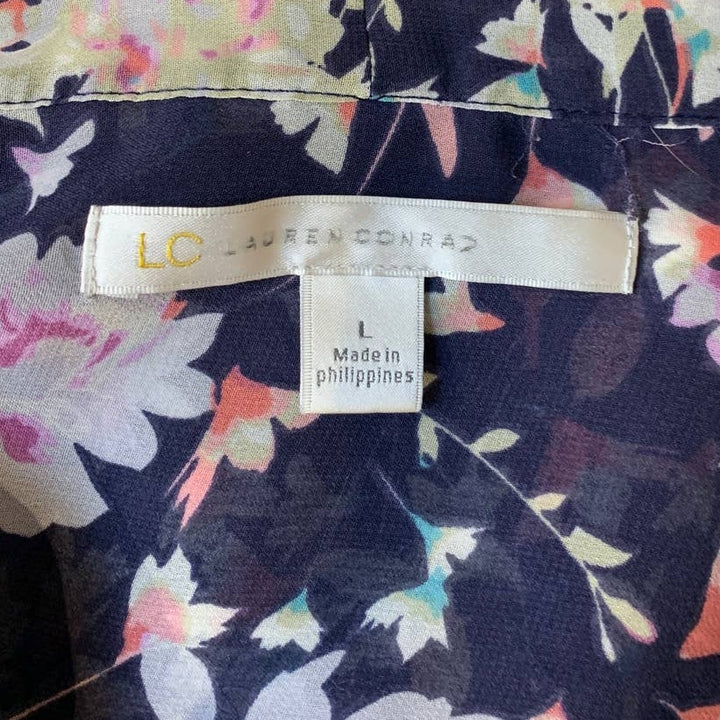 LC Lauren Conrad Womens Large Polyester Long Flowy Blue Floral Open Cardigan