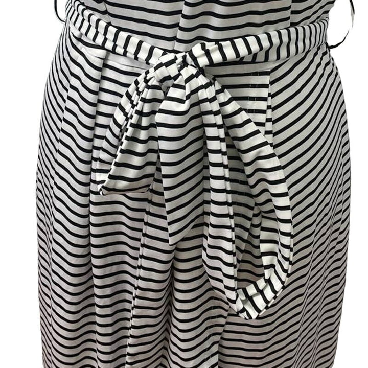 SHEIN 1X Cap Sleeve Polyester Blend Black White Striped Belted Wrap Dress