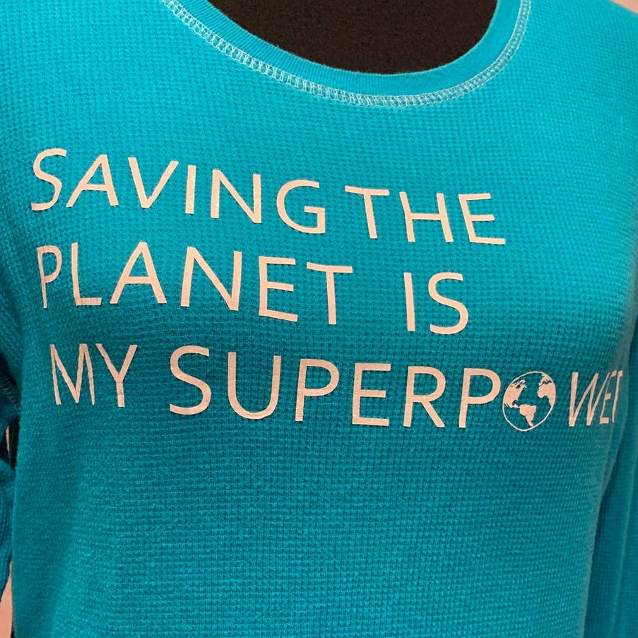 Hand Printed Upcycled Womens XL Saving the Planet Superpower Long Sleeve Top