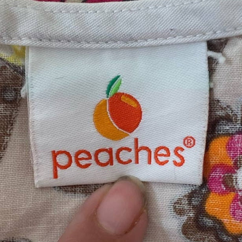 Peaches Medium Cotton Blend V-Neck Fall Orange Floral Short Sleeve Scrub Top