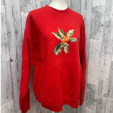 Hand Printed XL Upcycled Christmas Holly Leaves Berries Crew Neck Sweatshirt