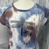 Upcycled Hand Printed Small Dragonfly Short Sleeve Mini Sweatshirt Tie Dye Dress
