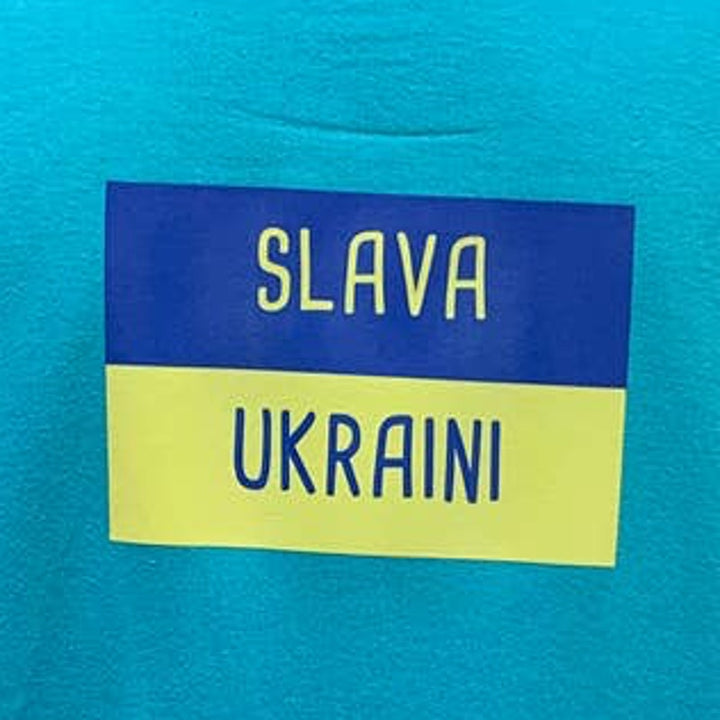 Upcycled Hand Printed Large Ukraine Flag Seagull Bird Slava Ukraini Artist Tee