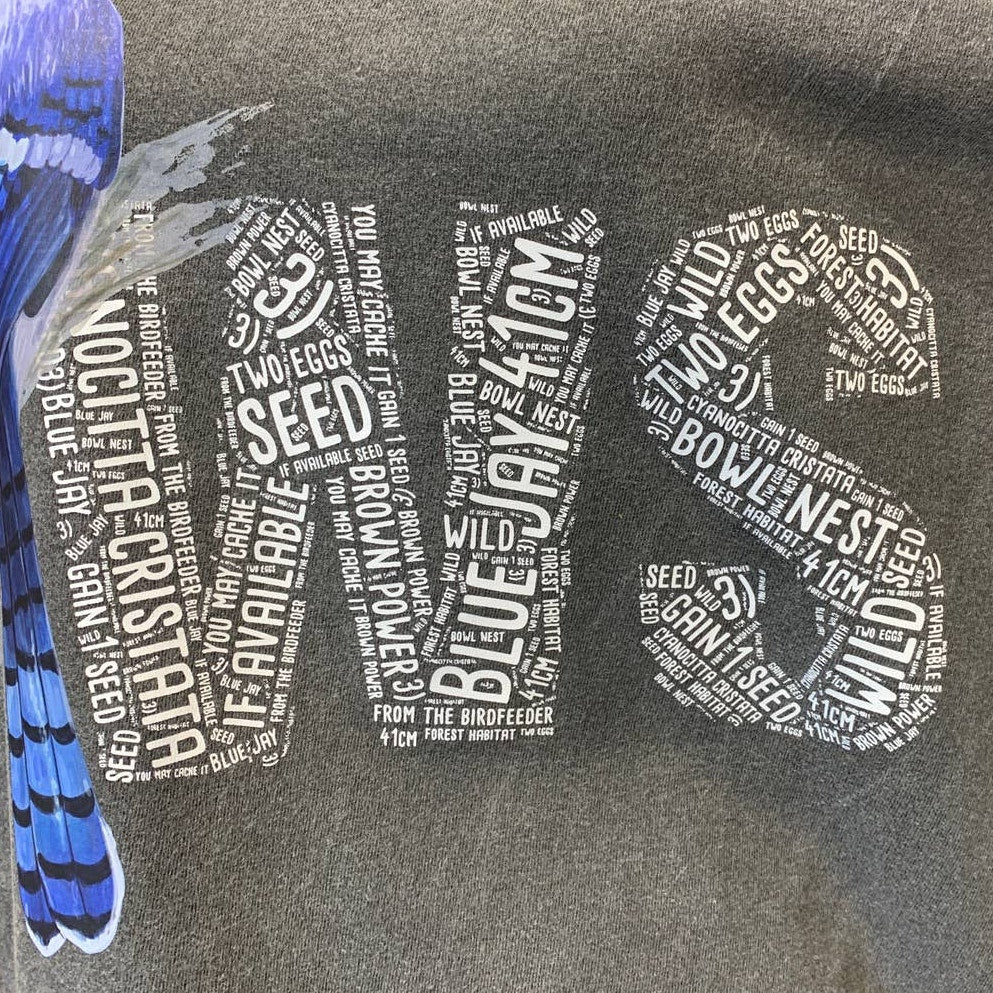 Wingspan Inspired Medium Blue Jay Bird Hand Printed Upcycled Long Sleeve Tee