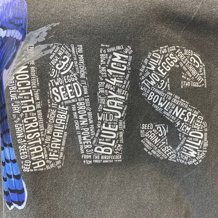 Wingspan Inspired Medium Blue Jay Bird Hand Printed Upcycled Long Sleeve Tee