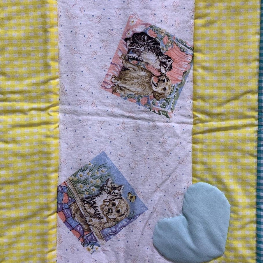 Handmade Cat Dog Pastel Springtime Gingham Heart Baby Quilt Wall Art