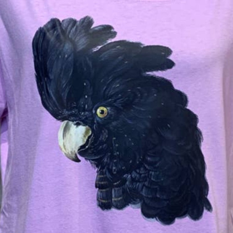 New Hand Printed Womens XL Black Cockatoo Parrot Ukraine Artist Fundraiser Tee