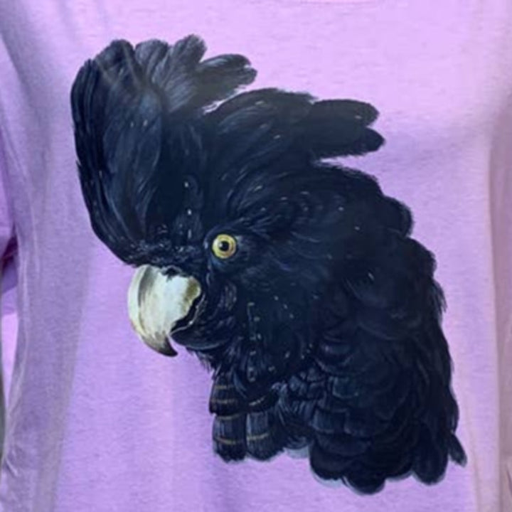 New Hand Printed Womens XL Black Cockatoo Parrot Ukraine Artist Fundraiser Tee