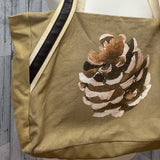 Hand Printed Upcycled Rustic Woody Pine Cone Canvas Tote Sholder Bag Handbag