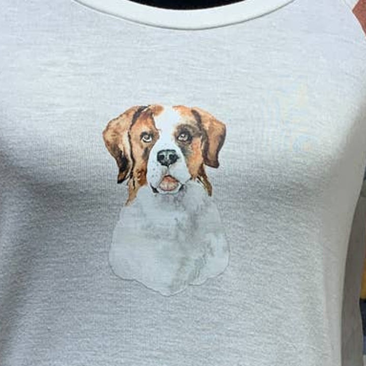 Hand Printed Upcycled XS St Bernard Puppy Dog Long Sleeve Striped Tee Shirt