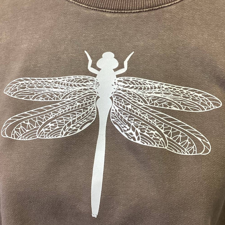 Hand Printed Upcycled Womens Small Dragonfly Cropped Long Sleeve Sweatshirt